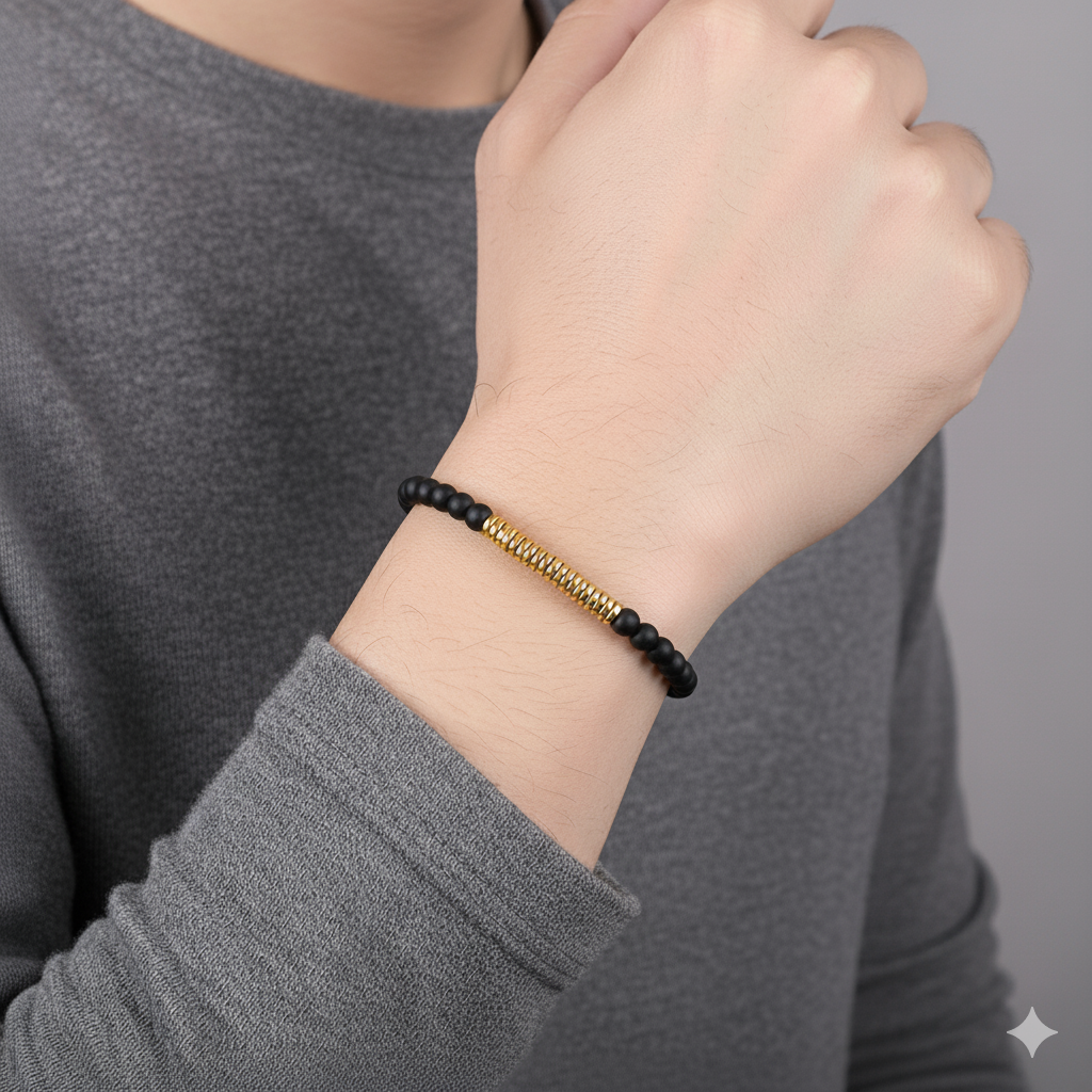 Bracelet Énergie Dorée – Hématite & Bois Naturel